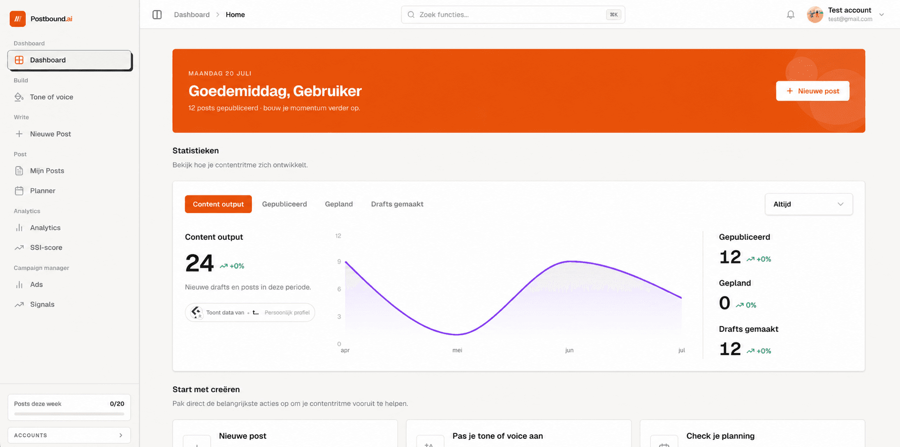 Het Postbound-dashboard in lichte modus